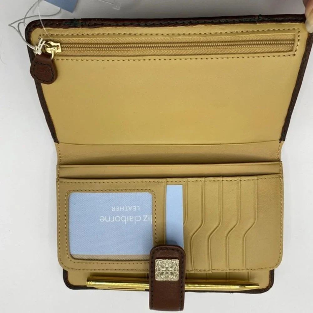 Vintage‎ Liz Claiborne Embossed Tooled Leather Bifold Wallet With Pen Brown NIB